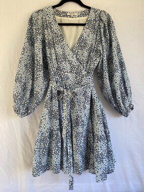 Madewell Cottagecore Quilted Floral Wrap Mini Dress Pockets Blue XS